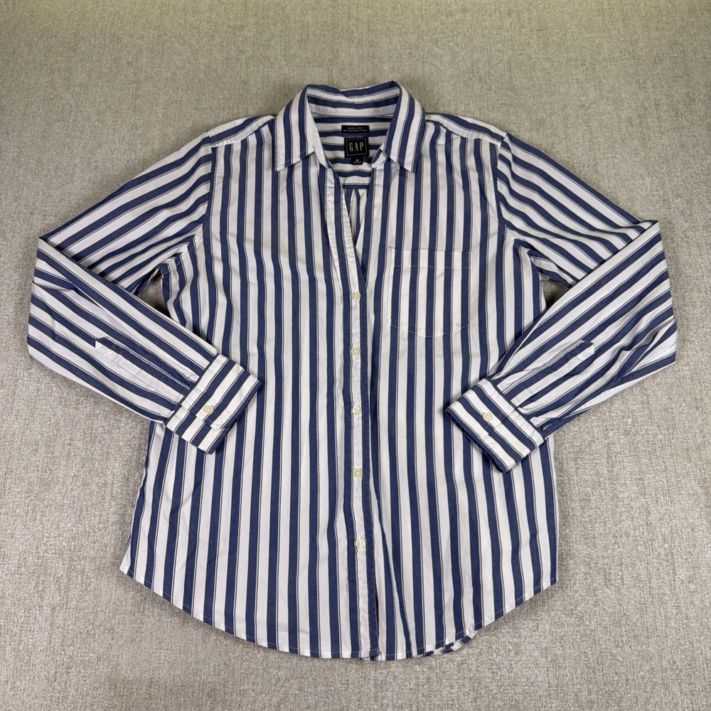 GAP Womens M Blue White Striped Button Down "Perfect Shirt" 100% Cotton Classic - Picture 1 of 14